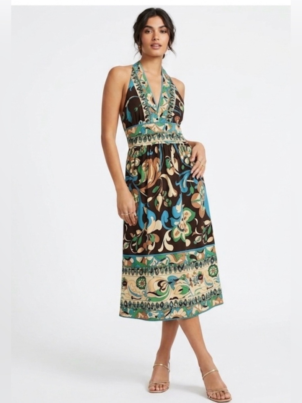 Jones New York Y2K Halter Midi Dress Paisley Floral Silk-Look Cottagecore 10